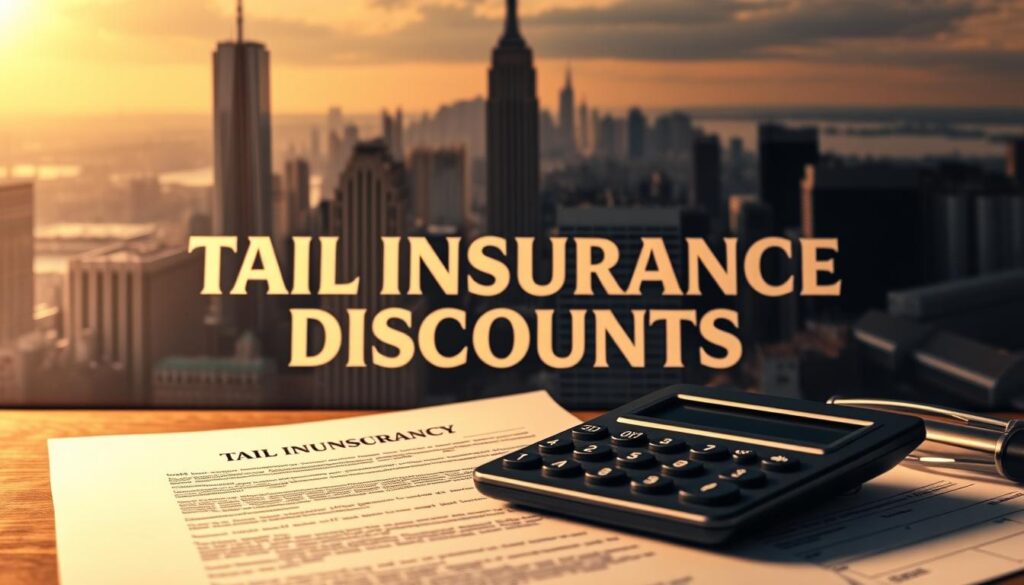 A beautifully designed insurance policy document takes center stage, showcasing prominent "TAIL INSURANCE DISCOUNTS" in bold text against a backdrop of the New York City skyline. Soft, warm lighting illuminates the scene, creating a sense of professionalism and trust. In the foreground, a calculator and various financial documents allude to the calculations and considerations involved in obtaining these discounts. The overall composition evokes a feeling of financial security and the availability of cost-saving opportunities for New York residents seeking tail insurance coverage.