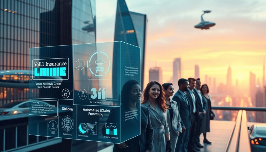 A bold, futuristic cityscape with sleek, glass-paneled skyscrapers and hovering transport pods. In the foreground, a holographic display showcases a range of insurance services, from personalized risk analysis to automated claim processing. The middle ground features a diverse array of people interacting with these innovative technologies, their expressions hopeful and engaged. The background is illuminated by a vibrant, neon-tinged skyline, hinting at the seamless integration of insurance with the urban landscape of tomorrow. Crisp, cinematic lighting casts dramatic shadows, creating a sense of dynamism and technological prowess. The overall mood is one of progress, efficiency, and a vision for the future of insurance that empowers and protects.