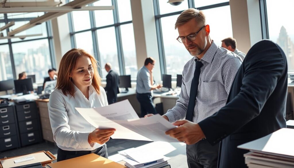 A bustling office interior, sunlight streaming through large windows, showcasing the services of a commercial public insurance adjuster. In the foreground, a professional adjuster reviews insurance documents with a client, their expressions serious yet reassuring. Surrounding them, filing cabinets, computer monitors, and a team of adjusters collaborating, conveying the expertise and diligence required to navigate complex insurance claims. In the background, a panoramic cityscape visible, hinting at the diverse range of clients served. The scene exudes an atmosphere of competence, attention to detail, and a steadfast commitment to advocating for policyholders' rights and securing fair settlements.