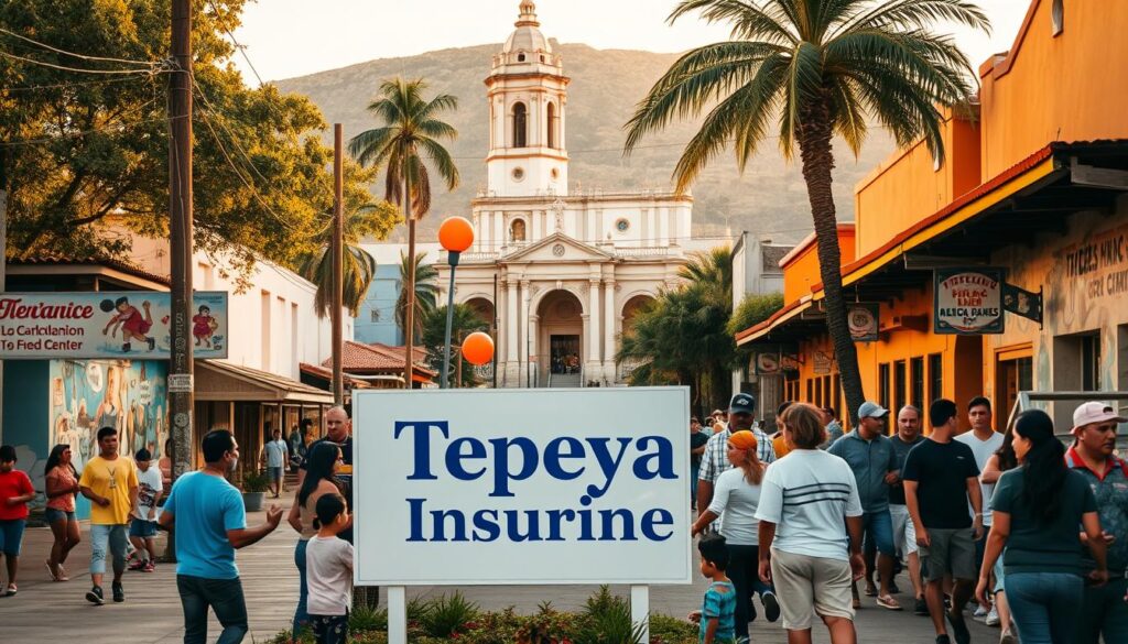 A bustling street scene in a vibrant Mexican town, with a prominent sign for "Tepeyac Insurance" prominently displayed. In the foreground, a group of local residents engaged in various community activities - a children's soccer game, a food drive, and a cultural dance performance. The middle ground features a local community center, its walls adorned with colorful murals depicting scenes of Mexican heritage and togetherness. In the background, a towering Catholic church stands as a symbolic pillar of the community. Warm, golden lighting bathes the scene, conveying a sense of warmth, unity, and a deep connection between the insurance company and the people it serves.