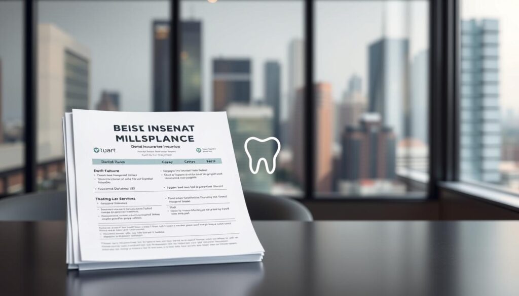 A clean and simple dental insurance plan, displayed on a modern minimalist desk. In the foreground, a stack of documents showcases the key features - deductibles, copays, and coverage details. In the middle ground, a stylized tooth icon represents the dental care services. The background reveals a blurred cityscape, conveying a sense of professionalism and reliability. The lighting is soft and diffused, creating a calming, trustworthy atmosphere. The image is captured from a slightly elevated angle, giving it a polished, authoritative feel.