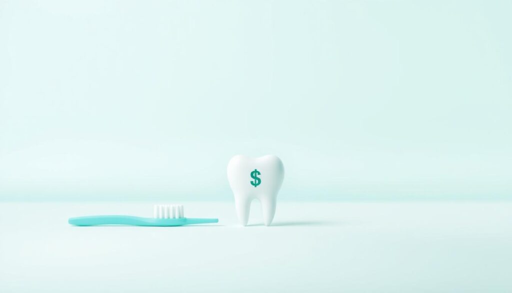 A clean, minimalist illustration of simple dental insurance coverage options. In the foreground, three distinct medical icons - a toothbrush, a tooth, and a dollar sign - neatly arranged to represent basic coverage elements. The middle ground features a subtle grid pattern, suggesting the organized structure of an insurance plan. The background is a soft, calming gradient of muted blues and greens, conveying a sense of security and reliability. Soft, diffused lighting creates a professional, educational atmosphere, while a low-angle perspective provides an approachable, easy-to-understand visual. The overall composition is balanced, harmonious, and designed to clearly communicate the key aspects of a simple dental insurance plan.