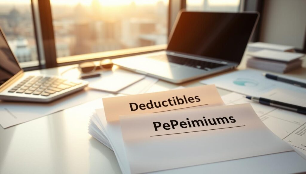 A clean, well-lit office desktop with a calculator, a laptop, and various financial documents neatly arranged. In the foreground, a stack of forms labeled "Deductibles" and "Premiums" takes center stage, their contents visible through the transparent sheets. The background features a window overlooking a cityscape, bathed in warm, golden lighting that creates a sense of professionalism and financial security. The overall composition conveys a balanced and informative perspective on the concepts of deductibles and premiums.