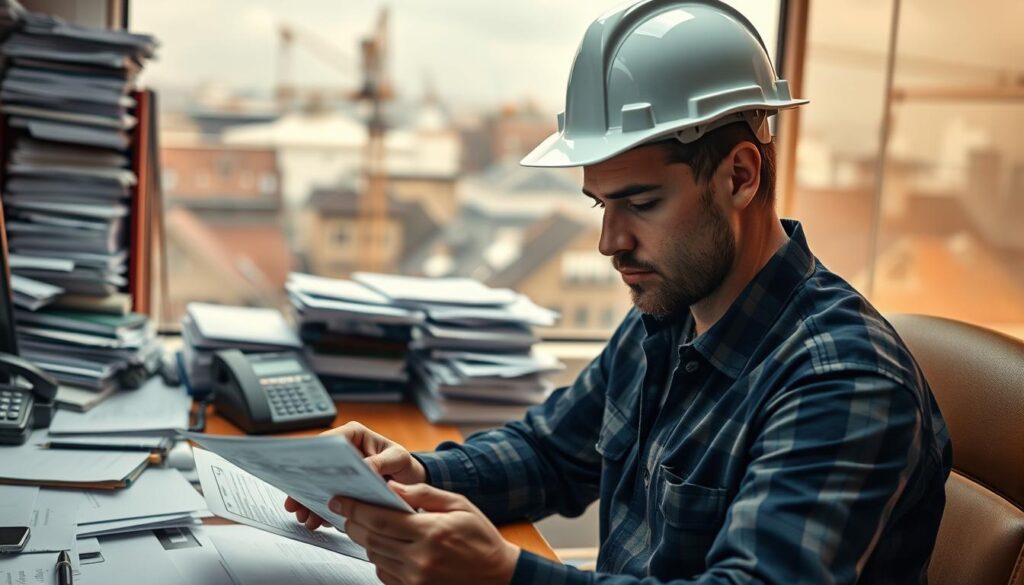 A cluttered office desk, piled high with paperwork, documents, and a ringing landline phone. In the foreground, a roofer in a hard hat reviews an insurance claim form, brow furrowed in concentration. Soft, diffused lighting casts a warm, authoritative glow, conveying the solemnity of the process. The background is slightly blurred, hinting at the bigger picture - a construction site, rooftops, and the bustling world beyond the roofer's immediate focus. The overall mood is one of diligence, responsibility, and the weight of navigating complex bureaucratic procedures.