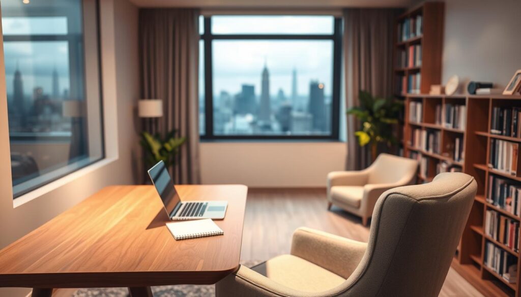 A cozy, modern therapy office with warm lighting and soft, neutral tones. In the foreground, a comfortable armchair facing a sleek wooden desk, upon which sits a laptop, a notepad, and a potted plant. The middle ground features a large window overlooking a tranquil city skyline, with a bookshelf filled with psychology texts lining the wall. The background is softly blurred, creating a sense of depth and privacy. The overall atmosphere is one of calm, introspection, and professional care, reflecting the subject of mental health services.