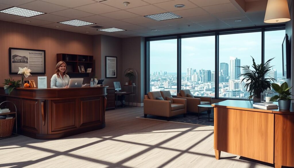 A cozy, well-lit office of a local insurance provider. In the foreground, a warm, wooden reception desk with a friendly agent greeting customers. The middle ground features comfortable seating areas and a display showcasing the company's history and community involvement. The background depicts a panoramic view of the city skyline through large windows, hinting at the provider's deep local roots. The lighting is soft and inviting, creating a sense of trust and reliability. The overall atmosphere conveys a personalized, community-driven approach to insurance services.