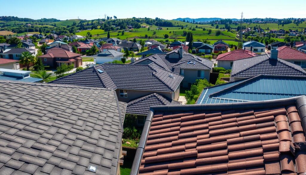 A detailed aerial view of a residential neighborhood, showcasing the diverse roofing materials used on the houses. In the foreground, a close-up shot highlights the textural differences between asphalt shingles, clay tiles, and metal roofing panels. The middle ground reveals the overall architectural styles and colors of the homes, while the background features a lush, verdant landscape with rolling hills and a clear, azure sky. The lighting is soft and diffused, casting gentle shadows that accentuate the depth and dimensionality of the scene. The image conveys a sense of tranquility and the importance of considering roofing materials in the context of insurance coverage and risk assessment.