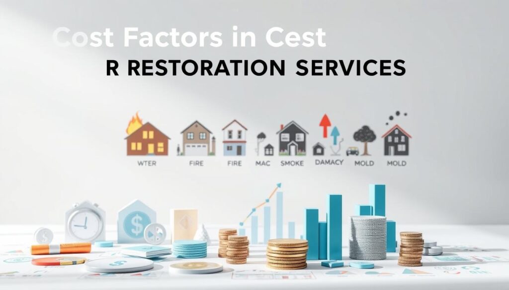 A detailed and meticulously rendered image of restoration cost factors, showcasing a well-organized layout against a neutral background. In the foreground, an array of cost-related icons and infographic elements, such as dollar signs, pie charts, and bar graphs, conveying the financial aspects of restoration services. The middle ground features a series of realistic depictions of various types of property damage, including fire, water, smoke, and mold, to illustrate the scope of restoration work. The background subtly suggests a professional, business-oriented atmosphere, with soft lighting and a clean, minimalist aesthetic. The overall composition strikes a balance between informative clarity and visual appeal, creating an impactful representation of the "Cost Factors in Restoration Services" section.