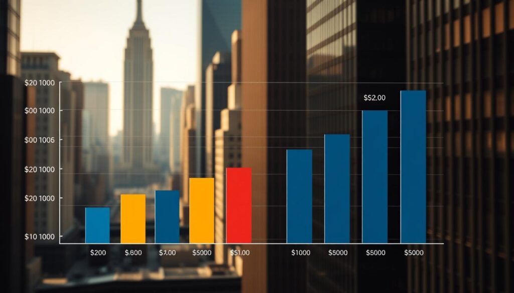 A detailed bar graph depicting the average cost of tail insurance policies in New York City. The graph's x-axis showcases different types of tail insurance, while the y-axis represents the corresponding price range in US dollars. The background is a muted urban cityscape, hinting at the financial district's towering skyscrapers. Warm, natural lighting casts subtle shadows, creating depth and dimensionality. The overall mood is informative and analytical, inviting the viewer to explore the nuances of tail insurance pricing in the New York market.
