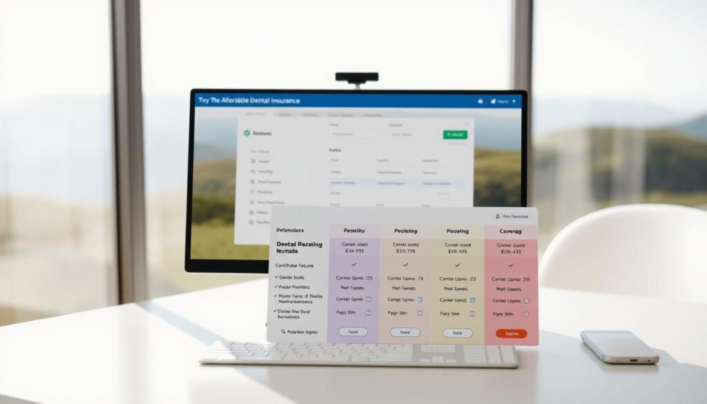 A detailed comparison of affordable dental insurance plans displayed on a clean, minimalist desktop. In the foreground, several plan options with key details like monthly premiums, deductibles, and coverage levels are presented in a clear, organized manner. The middle ground shows an interactive interface allowing the viewer to toggle between plan features and customize their search. The background features a soft, blurred landscape with a calming, professional atmosphere, establishing an authoritative yet approachable tone. Bright, natural lighting illuminates the scene, creating a sense of clarity and focus on the essential information.