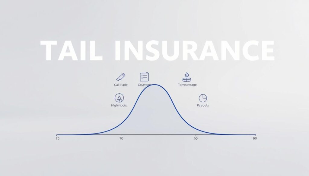 A detailed diagram explaining the concept of tail insurance, set against a clean, minimalist background. In the foreground, a clear illustration of a bell curve distribution, highlighting the "tail" region where high-impact, low-probability events occur. In the middle ground, a series of simple icons and symbols visualizing the key aspects of tail insurance, such as risk, coverage, and payouts. The background is a serene, soft-focused gradient, creating a sense of clarity and focus on the informative graphics. The lighting is soft and diffused, emphasizing the educational nature of the visual. The overall mood is one of thoughtful explanation, guiding the viewer through the complexities of this specialized insurance product.