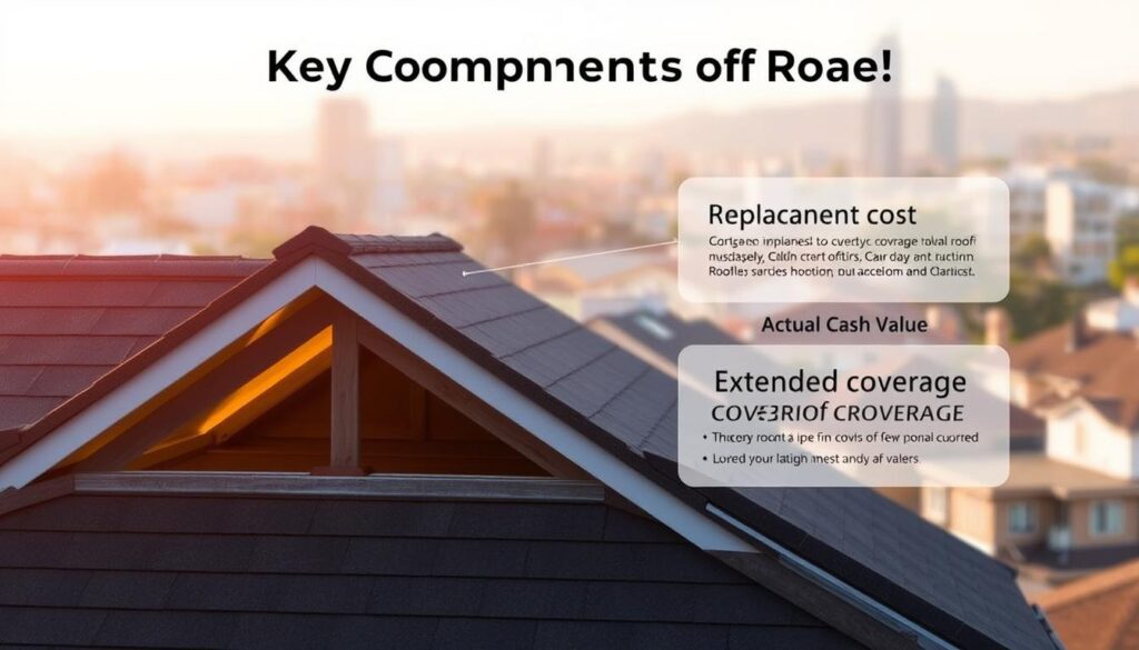 A detailed illustration of the key components of roof insurance coverage types. In the foreground, a well-lit architectural cross-section of a residential roof, showcasing the different layers - from the shingles, underlayment, and structural supports. In the middle ground, visual representations of various insurance coverage options, such as replacement cost, actual cash value, and extended roof coverage, displayed as transparent overlays. The background features a soft, blurred cityscape, suggesting the broader context of California's roofing industry. The overall mood is informative, technical, and visually engaging, capturing the essence of the "Key Components of Roof Insurance" section.