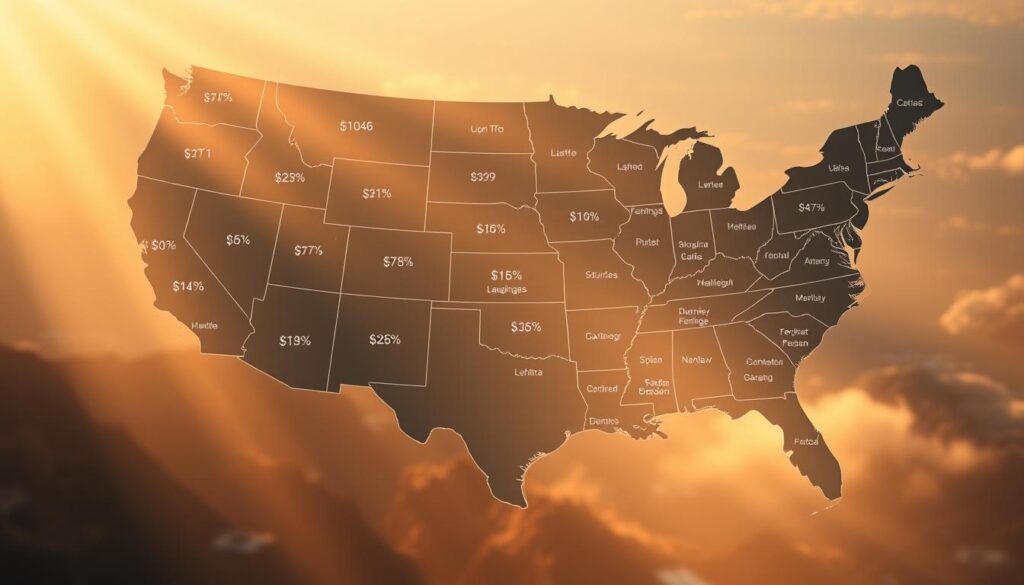A detailed regional map showing the varying costs of laughing gas across different states and metropolitan areas. The map is illuminated by warm, natural lighting, creating a sense of depth and dimension. The foreground features precise data visualizations highlighting the price disparities, while the middle ground showcases the geographic regions in muted tones. The background blends a soft, atmospheric landscape with subtle hints of healthcare infrastructure, conveying the medical context. The overall composition strikes a balance between informative data and an immersive, visually-appealing aesthetic.