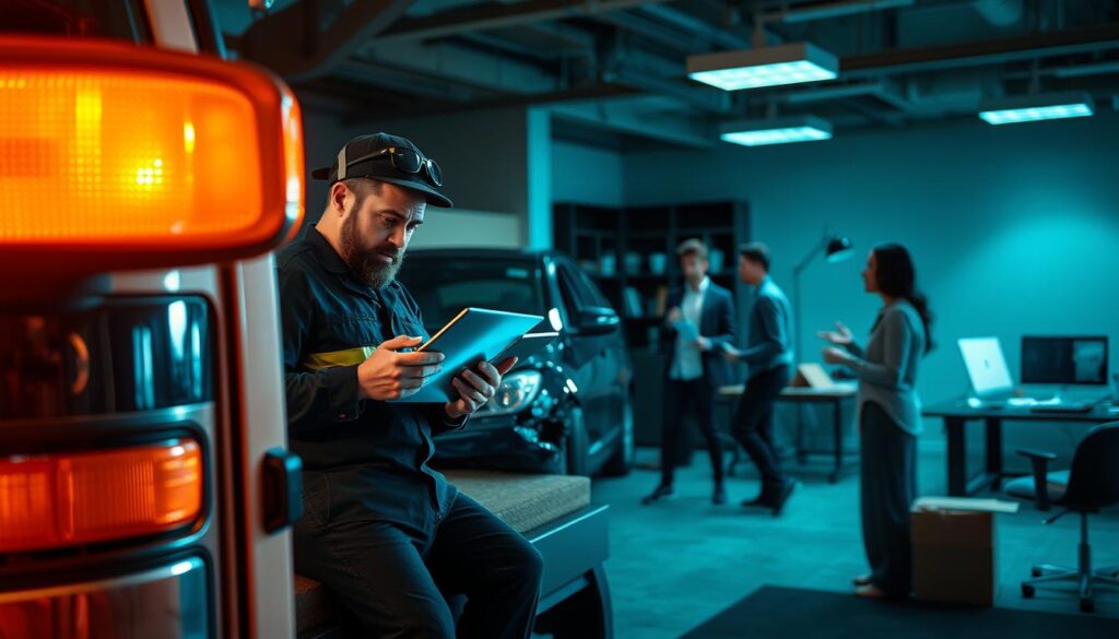 A detailed scene of a tow truck operator processing an insurance claim. In the foreground, a well-lit tow truck with its yellow hazard lights flashing, the driver meticulously documenting the damaged vehicle on a tablet. In the middle ground, the car owner discussing the incident with the adjuster, their expressions conveying the seriousness of the situation. In the background, a dimly lit office setting, with a desk, computer, and other administrative details, reflecting the administrative side of the claims process. The overall atmosphere is professional and organized, with a sense of urgency and attention to detail.
