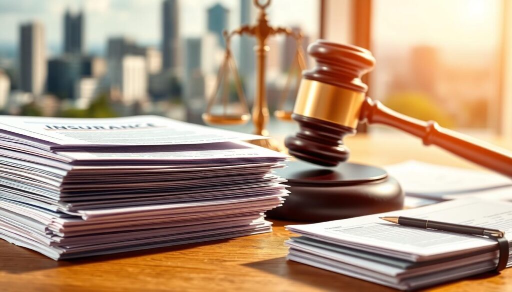 A detailed timeline illustration depicting the insurance reporting process for a DUI case, captured under natural lighting with a wide-angle lens. In the foreground, a stack of insurance forms and documents represent the steps involved, meticulously arranged. The midground shows a gavel and scales of justice, symbolizing the legal proceedings. In the background, a blurred cityscape conveys the broader societal context. The overall mood is informative and objective, guiding the viewer through the reporting timeline before and after a DUI conviction.
