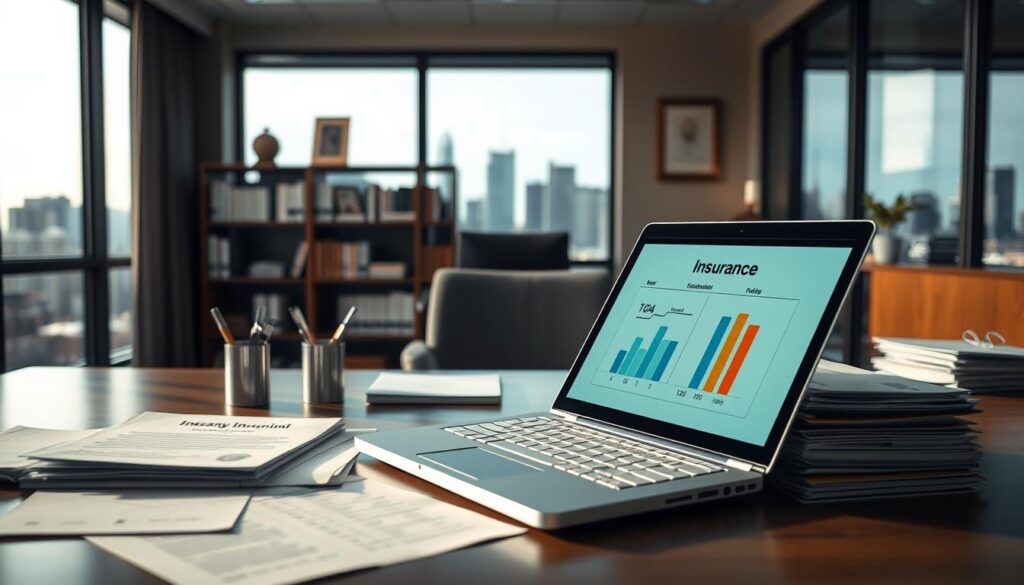 A detailed, well-lit interior of a professional insurance office. In the foreground, a desk with an open laptop displaying a visual representation of insurance premium calculations, surrounded by stacks of documents and a pen holder. In the middle ground, a bookshelf with insurance-related books and a framed certificate on the wall. The background features large windows overlooking a cityscape, creating a sense of professionalism and authority. The lighting is warm and subtle, creating a productive and trustworthy atmosphere. The overall scene conveys the factors that insurance providers consider when determining vandalism insurance premiums for businesses.