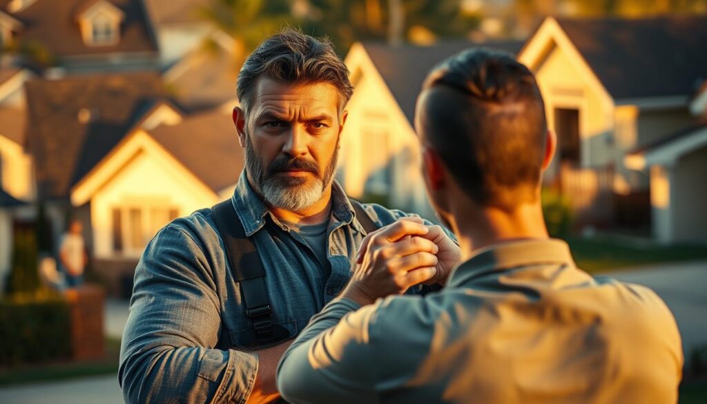 A determined homeowner standing firm, shielding their property with a resolute expression, as a roofing contractor approaches. The scene is illuminated by warm, golden light, casting long shadows and creating a sense of drama. In the background, a suburban neighborhood fades into soft focus, emphasizing the personal stakes at hand. The homeowner's stance is one of protective authority, with a subtle hint of wariness, conveying the need to safeguard their interests against potential exploitation.