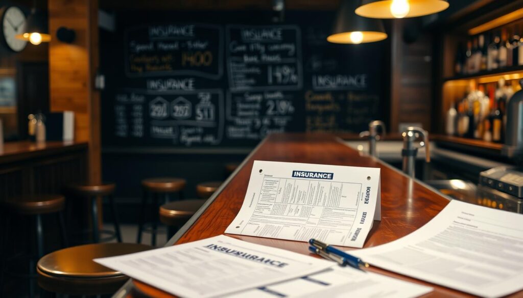 A dimly lit bar interior, with a polished wooden counter and stools. On the counter, various insurance documents and forms are neatly arranged, illuminated by a warm, ambient lighting. In the background, a chalkboard wall showcases insurance-related information and statistics, creating a professional yet inviting atmosphere. The scene conveys a sense of thoughtful planning and attention to detail, hinting at the importance of a thorough insurance needs assessment for the bar's future.