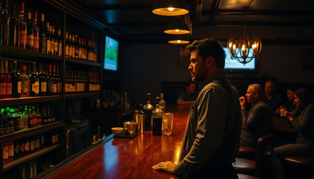 A dimly lit bar interior with rows of liquor bottles lining the shelves, casting shadows across the wooden countertop. A bartender stands behind the bar, contemplating the impact of local liquor laws on their insurance coverage. The scene is imbued with a sense of unease, the bartender's expression reflecting the weight of navigating the complex regulatory landscape. In the background, patrons sip their drinks, unaware of the challenges their favorite establishment faces. The lighting is warm and atmospheric, creating a palpable tension between the convivial atmosphere and the underlying concerns of the business owner.