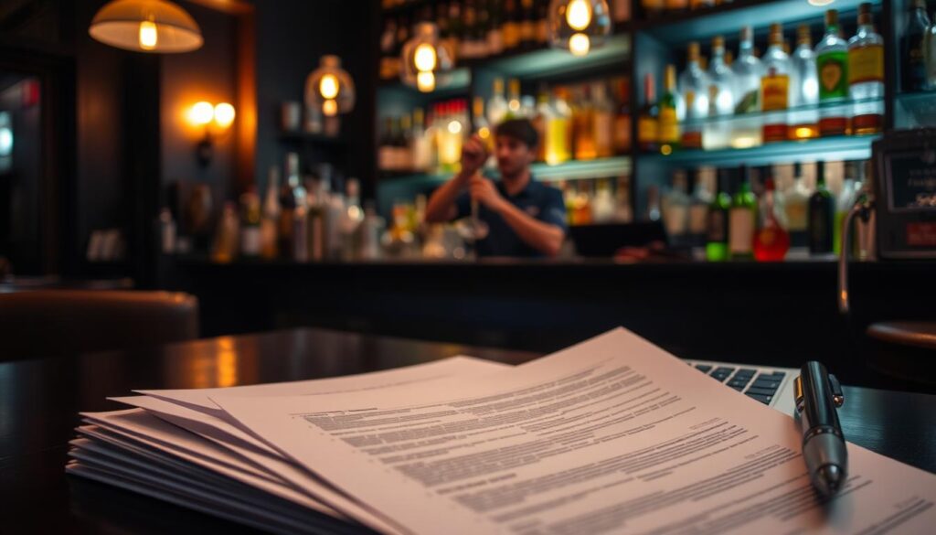 A dimly lit bar interior, with warm lighting casting a cozy glow. In the foreground, a stack of legal documents and an open laptop, signifying the administrative tasks of running a bar. Behind it, a bartender mixing a classic cocktail, their movements fluid and practiced. In the background, shelves lined with various liquor bottles, their labels shimmering under the low light. The overall atmosphere conveys the importance of proper liquor liability insurance coverage for bar owners, ensuring the protection of their business and patrons.
