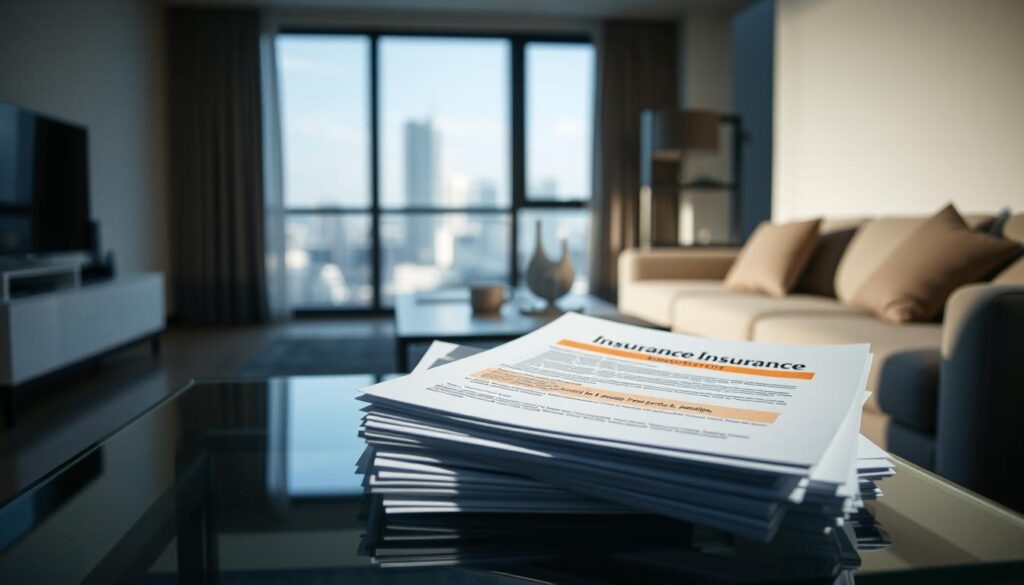 A dimly lit, modern condo interior with a focus on a stack of insurance documents on a glass coffee table. The documents have highlighted exclusions, indicating the limitations of rental condo insurance coverage. The background is slightly blurred, showcasing a minimalist living room with neutral tones and a large window overlooking a skyline. Soft, dramatic lighting casts shadows, creating a sense of contemplation and attention to detail. The overall mood is one of careful consideration of the fine print.