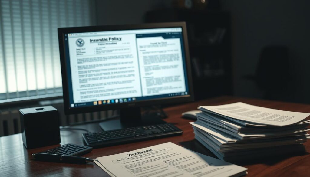 A dimly lit office interior, with a wooden desk and a computer monitor displaying various insurance policy documents. On the desk, a pen, a calculator, and a stack of papers depicting common misconceptions about vandalism coverage. The lighting is soft and moody, creating shadows that suggest a sense of uncertainty and confusion around the subject matter. The background is slightly blurred, hinting at the larger context of the business environment. The overall tone is one of contemplation and a desire to dispel the myths surrounding this type of insurance.