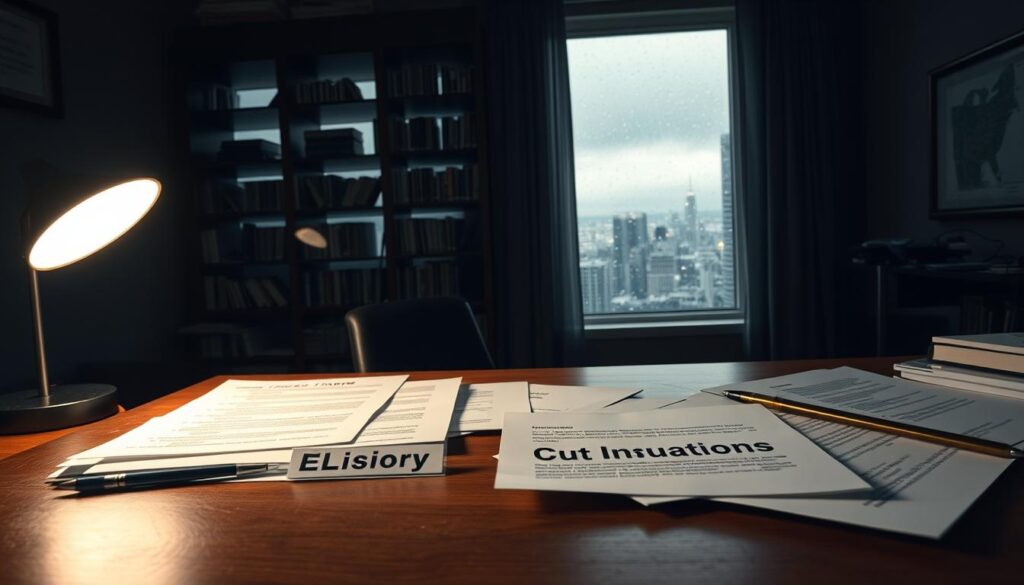 A dimly lit office interior, with a wooden desk in the foreground. On the desk, various insurance documents and forms are scattered, highlighting the concept of "policy exclusions". The middle ground features a bookshelf filled with insurance-related books, casting soft shadows across the scene. In the background, a large window overlooks a rainy cityscape, creating a sense of contemplation and seriousness. The lighting is a mix of warm desk lamp illumination and cool, natural daylight, conveying a sense of professionalism and attention to detail. The overall mood is one of careful consideration and understanding the intricacies of insurance policies.