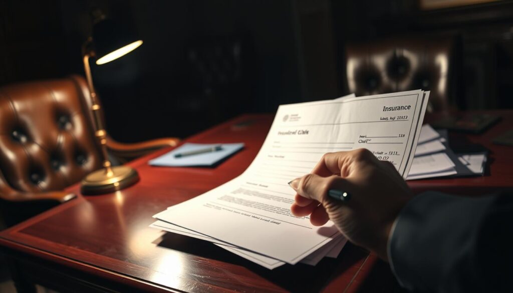 A dimly lit office space, with a mahogany desk and leather chairs setting the scene. On the desk, an open insurance check and a pile of paperwork, casting long shadows under a single, warm desk lamp. In the foreground, a hand, pen poised, hesitating over the dotted line, as if contemplating the potential risks of signing away the insurance claim. The background is hazy, suggesting the gravity of the decision and the weight of potential consequences. The composition emphasizes the tension and uncertainty of the moment, inviting the viewer to consider the importance of understanding one's rights when dealing with insurance matters.