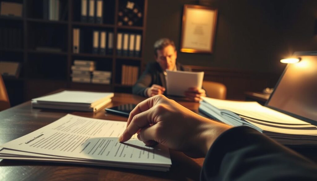 A dimly lit office space with a wooden desk, a laptop, and stacks of documents representing the paperwork involved in the bar insurance application process. In the foreground, a hand is filling out forms, while a business owner sits across the desk, reviewing the documents. The lighting is warm and focused, creating a sense of professionalism and attention to detail. The background features shelves of binders and a framed certificate or license, suggesting the expertise and experience of the insurance provider. The overall mood conveys the importance of properly securing insurance coverage for a bar business.