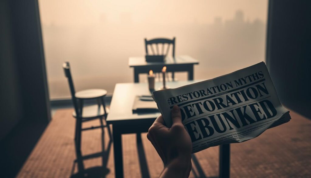A dimly lit room with a lone table and chair, casting long shadows. On the table, a stack of insurance documents and a flickering candle, symbolizing the myths and misconceptions surrounding restoration services. In the foreground, a person's hands grasping a crumpled newspaper headline reading "Restoration Myths Debunked." The background is a hazy, dreamlike landscape, with faint silhouettes of buildings in the distance, conveying the uncertainty and confusion often associated with restoration work. The overall tone is one of introspection and the need to shed light on the realities of fire, water, smoke, and mold damage restoration.