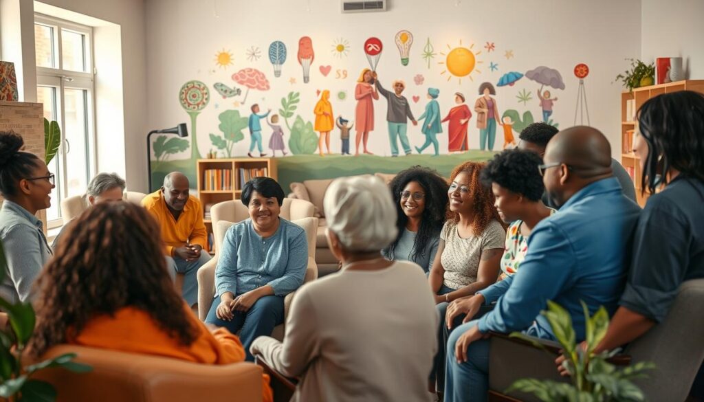 A diverse group of individuals from various backgrounds gather in a warm, welcoming environment. In the foreground, people of different ages, ethnicities, and abilities sit together, engaging in conversation and supporting one another. The middle ground features a calming, natural setting with soft lighting, inviting armchairs, and shelves filled with resources. In the background, a mural depicting symbols of mental health and inclusivity creates a serene, uplifting atmosphere. The overall scene conveys a sense of community, empowerment, and the importance of accessible, culturally-responsive mental health support.
