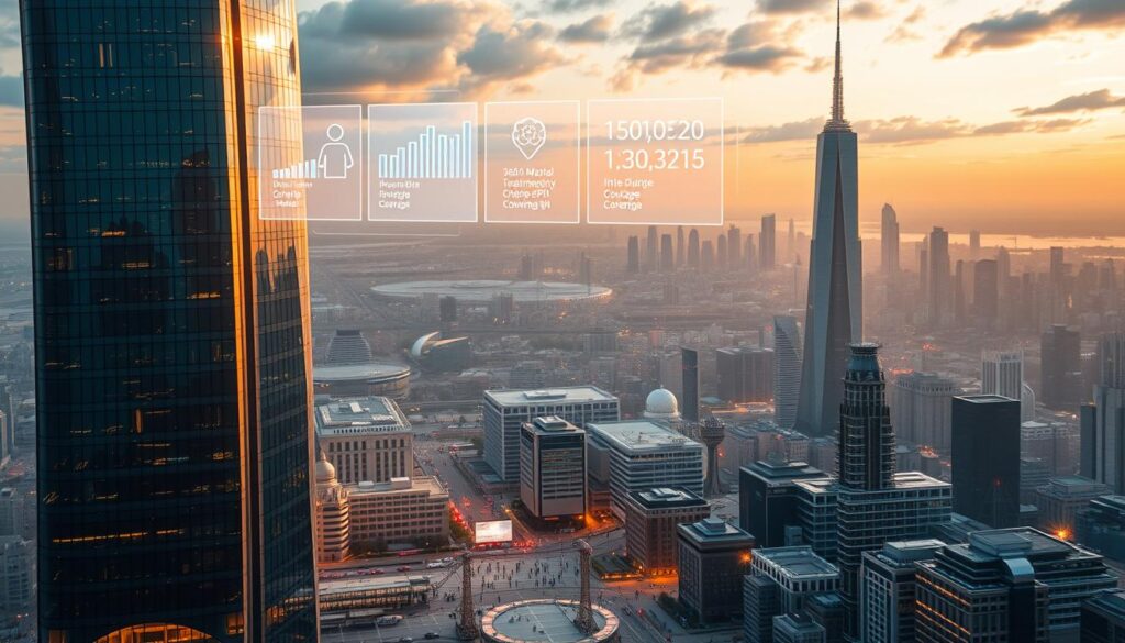 A dynamic, futuristic cityscape bathed in a warm, glowing light. In the foreground, a towering glass skyscraper, its facade shimmering with advanced architectural elements. Hovering above, a series of holographic interfaces depicting various medical treatments and their insurance coverage details. In the middle ground, a bustling urban landscape with people moving through sleek, hover-enabled vehicles. The background is a panoramic view of a vibrant, technologically-advanced metropolis, with gleaming spires and seamlessly integrated infrastructure. The scene conveys a sense of innovation, progress, and the evolving relationship between healthcare, insurance, and cutting-edge treatments.