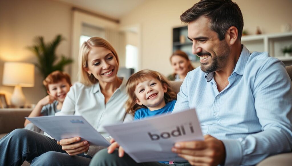 A family relaxing at home, surrounded by a warm, cozy atmosphere. In the foreground, a mother and father are discussing dental insurance options, their expressions thoughtful and engaged. Behind them, their children are playing happily, their bright smiles reflecting the security and care provided by the family's insurance coverage. The scene is illuminated by soft, natural lighting, conveying a sense of comfort and well-being. The overall composition suggests the benefits of reliable dental insurance, ensuring the whole family's oral health and peace of mind.