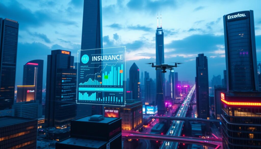 A futuristic cityscape with towering skyscrapers, sleek and innovative architecture. In the foreground, a holographic display showcases dynamic insurance data and trends, with vibrant colors and fluid animations. In the middle ground, autonomous vehicles and drones zip through the air, seamlessly integrated into the city's infrastructure. The background is illuminated by the glow of neon lights, casting a warm, futuristic ambiance. Subtle, ethereal hues of blue and purple permeate the scene, creating a sense of technological progress and advancement. The overall composition conveys a vision of the insurance industry's evolution, blending digital innovation with the urban landscape of tomorrow.