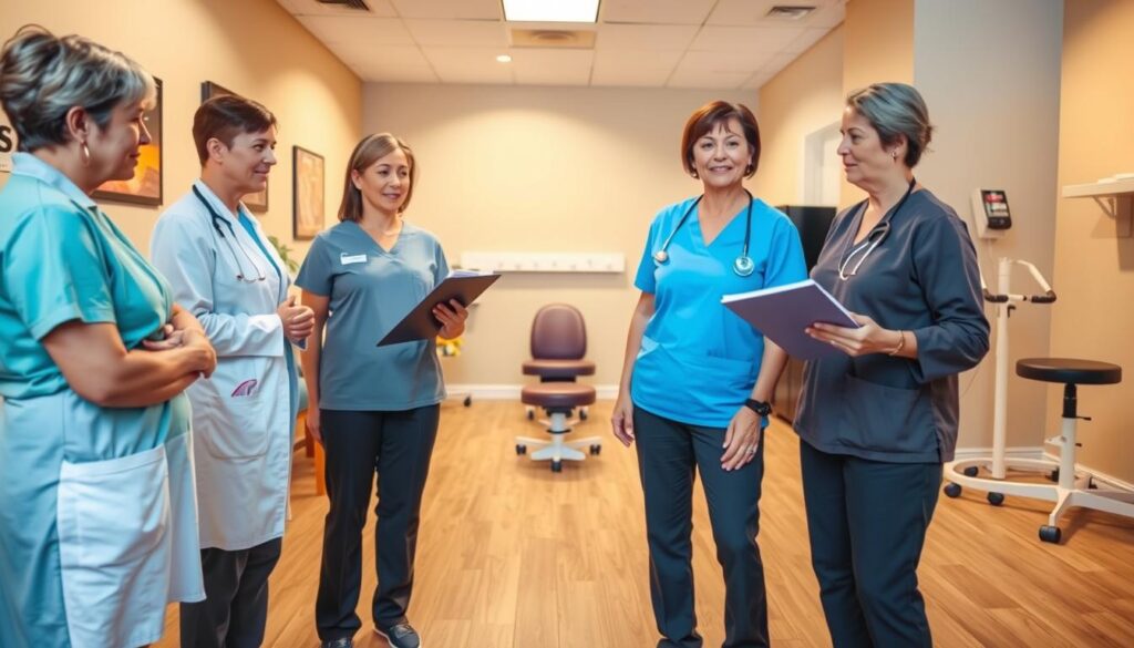 A group of insurance-recognized pelvic floor specialists in a clinical setting. Foreground features three professionals - a physiotherapist, an occupational therapist, and a nurse practitioner - standing together and discussing patient files. Mid-ground shows a well-equipped therapy room with specialized pelvic floor exercise equipment. Background depicts a modern, well-lit medical office with warm, neutral tones. The scene conveys an atmosphere of expertise, professionalism, and a commitment to providing high-quality pelvic health care. The lighting is soft and indirect, creating a sense of calm and reassurance. The camera angle is from slightly below, emphasizing the authority and confidence of the specialists.