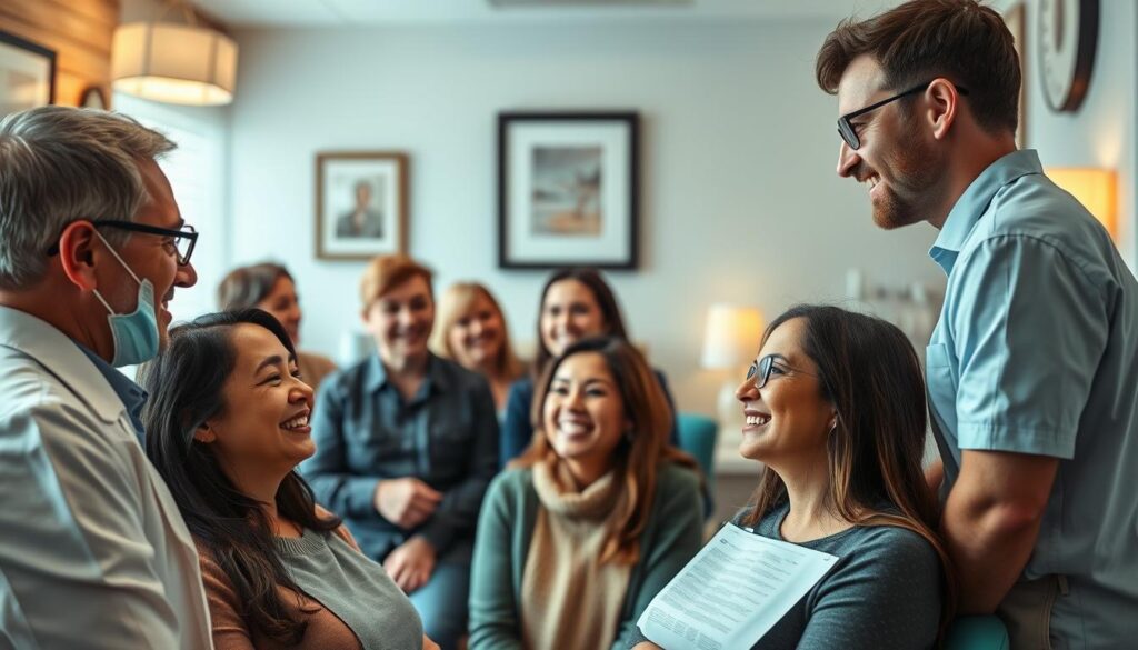 A group of patients sharing their experiences with laughing gas in a cozy, well-lit doctor's office. In the foreground, a smiling patient describes the numbing sensation while the dentist listens attentively. In the middle ground, a mix of relieved and cheerful expressions as others recount their positive reactions to the anesthetic. The background features tasteful medical decor, warm lighting, and a calming atmosphere that puts patients at ease. The overall scene conveys a sense of trust, comfort, and satisfaction with the use of laughing gas during dental procedures.