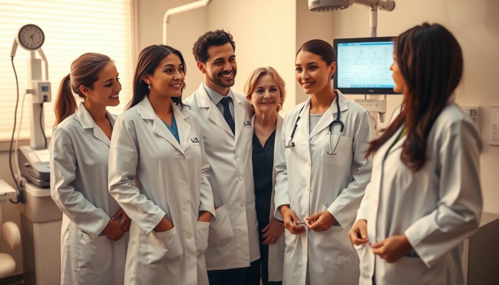 A group of professional pelvic floor clinicians in a clinical setting, dressed in pristine white coats, standing in a well-lit examination room with modern medical equipment. Their expressions convey a sense of expertise and compassion as they discuss treatment options with patients. The scene is captured with a warm, inviting tone using a shallow depth of field, highlighting the clinicians' faces and technical details of the room. The overall atmosphere is one of trust, reliability, and insurance-approved medical care.