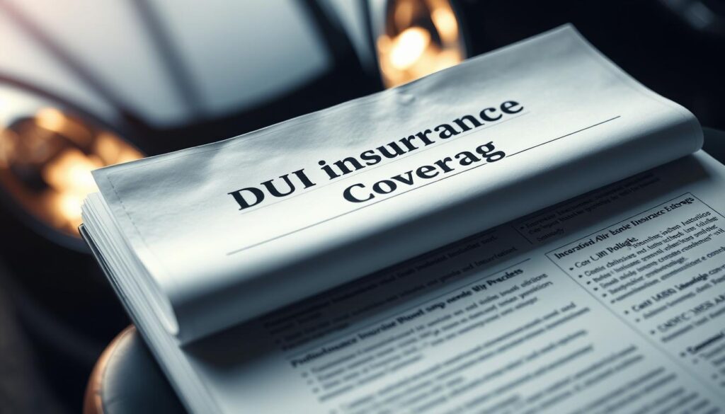 A high-angle shot of a car insurance policy document, its pages open, revealing detailed coverage information. The policy header clearly displays "DUI Insurance Coverage." The background is blurred, with a sense of depth and focus, drawing the viewer's attention to the policy's contents. The lighting is soft, creating a warm, professional atmosphere. The overall impression conveys the importance of comprehensive insurance protection, particularly for those facing the consequences of driving under the influence.