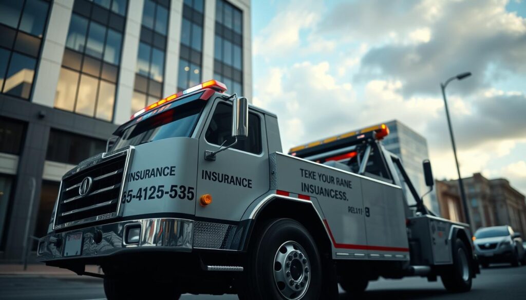 A high-angle view of a tow truck in a city street, with a focus on the vehicle's insurance information displayed prominently on its side. The truck is parked in front of a modern office building, its flashing lights illuminating the scene. The background is a blend of urban architecture and a partially cloudy sky, conveying a sense of professionalism and authority. The lighting is a mix of natural daylight and the truck's own illumination, creating interesting shadows and highlights that draw attention to the insurance details. The overall mood is one of reliability, security, and the importance of proper coverage in the event of a personal injury accident.