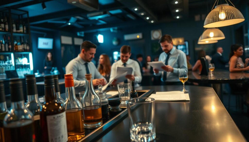 A high-quality, detailed image of factors affecting bar insurance costs. In the foreground, a bar counter with various beverage bottles and glassware, showcasing the risks and liabilities associated with running a bar. In the middle ground, insurance agents reviewing policy documents and calculations, emphasizing the importance of comprehensive coverage. In the background, a dimly lit bar interior with patrons enjoying drinks, highlighting the need for liability protection. The lighting is soft and moody, creating an atmospheric ambiance. The camera angle is slightly elevated, providing a comprehensive view of the scene. The overall composition conveys the complexities and considerations involved in determining appropriate bar insurance costs.