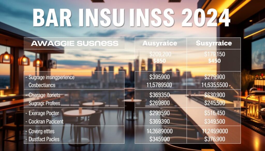 A high-resolution, photorealistic image of the average costs of bar insurance in 2024. The foreground features a clear breakdown of the various types of insurance coverage and their corresponding prices, presented in a clean, infographic-style layout. The middle ground showcases a well-lit, modern bar interior with sleek furnishings and a bustling atmosphere. The background depicts a city skyline at dusk, with a warm, golden glow from the setting sun casting a soft, inviting ambiance. The overall composition strikes a balance between informative clarity and a visually appealing, immersive environment.