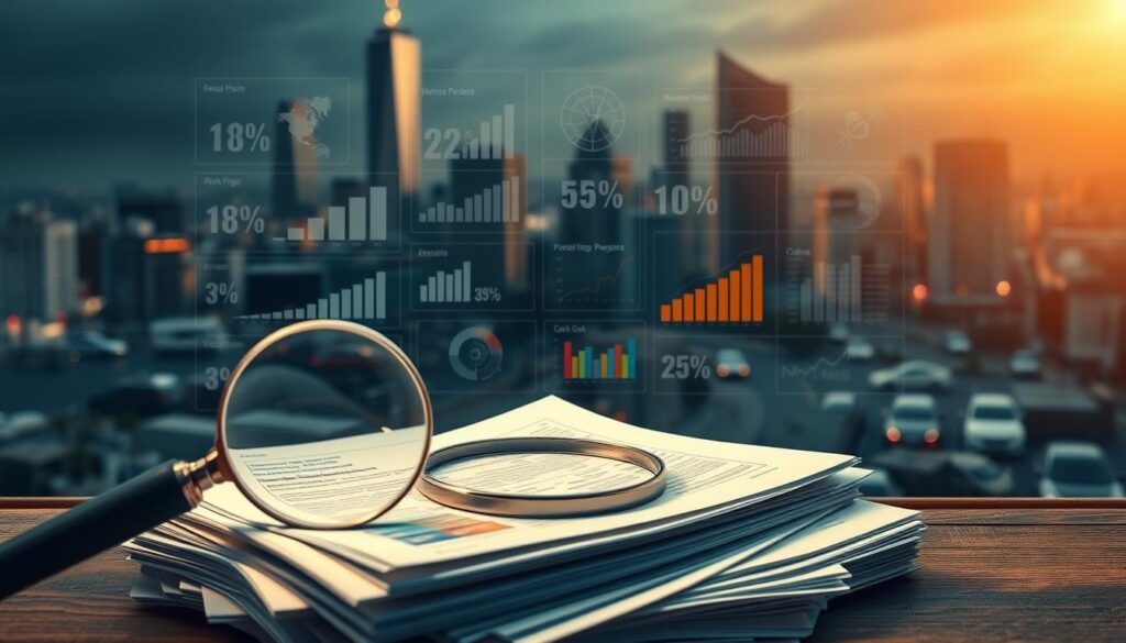 A high-resolution, photorealistic image of various factors influencing insurance premiums. In the foreground, a magnifying glass hovers over a stack of documents, revealing details like medical history, driving records, and property information. In the middle ground, data visualizations and charts display statistics on risk factors, claim frequencies, and cost trends. The background showcases a cityscape with skyscrapers, cars, and people, representing the diverse factors that contribute to an individual's insurance profile. The lighting is warm and atmospheric, creating a sense of depth and emphasis on the central elements. Captured with a wide-angle lens to provide a comprehensive, panoramic view of the topic.