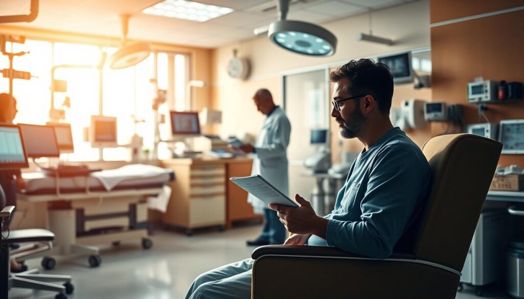 A hospital room filled with medical equipment, showcasing the complex journey of LANAM treatment. In the foreground, a patient sits in a comfortable chair, thoughtfully considering their insurance paperwork. The middle ground features a physician reviewing data on a tablet, while the background depicts a panoramic view of the hospital's efficient operations. Warm, natural lighting creates a sense of tranquility, contrasting with the technological advancements that enable LANAM therapies. The composition reflects the patient's experience navigating the intersection of medical care and insurance coverage, captured in a realistic yet visually compelling manner.