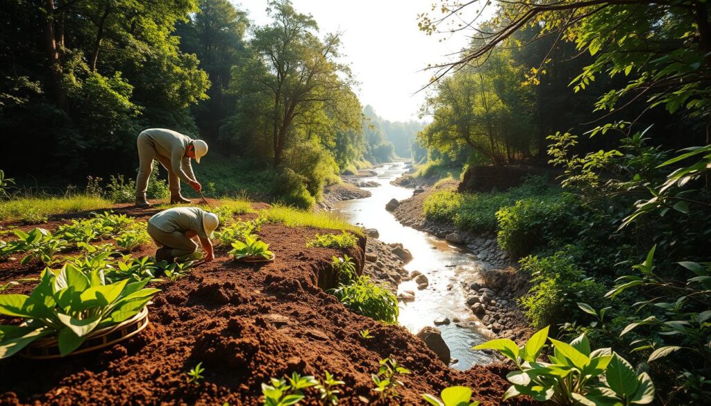 A lush, verdant landscape with a focus on eco-friendly restoration practices. In the foreground, workers meticulously plant native flora, rejuvenating the soil with organic compost. The middle ground showcases a serene river, its banks lined with strategically placed natural barriers to prevent erosion. In the background, a sun-dappled forest canopy filters the light, creating a warm, inviting atmosphere. The scene conveys a sense of harmony between human intervention and the natural environment, showcasing sustainable techniques that minimize environmental impact.