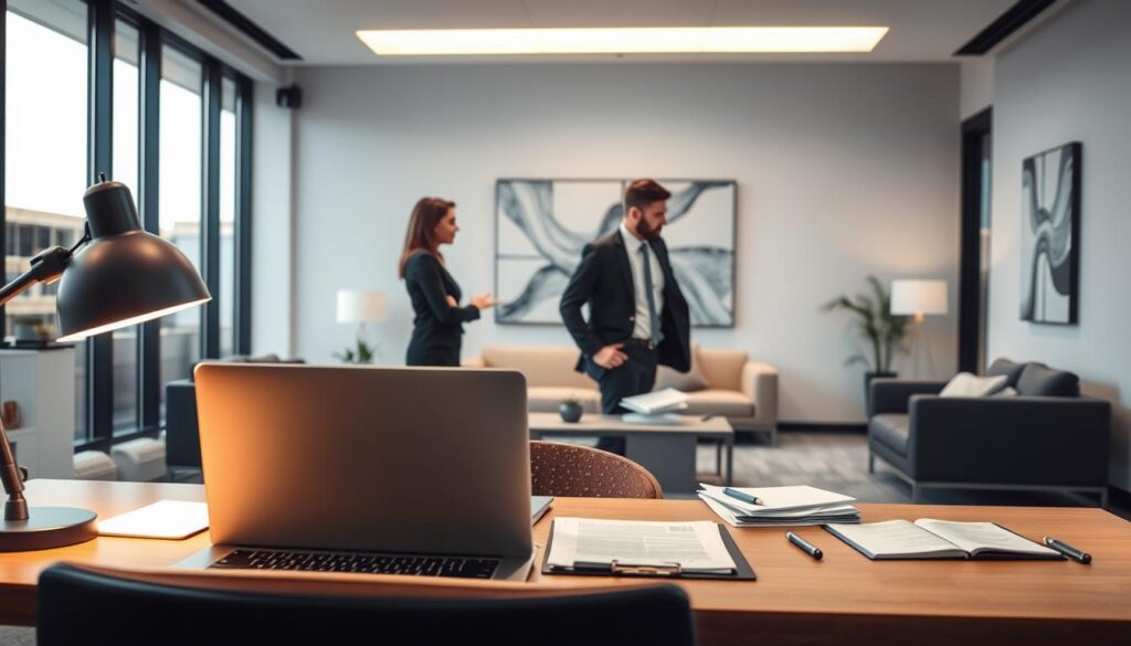 A meticulously detailed interior scene of a modern, well-lit insurance company office. The foreground features a desk with a laptop, papers, and a desk lamp, conveying the bureaucratic process of an insurance claim investigation. In the middle ground, two people - an insurance agent and a client - engage in a tense discussion, body language suggesting a dispute or disagreement. The background showcases the corporate aesthetic of the office, with sleek furniture, abstract artwork, and floor-to-ceiling windows allowing natural light to flood the space. The overall atmosphere is one of professional formality tinged with a sense of unease, hinting at the potential for legal conflict between the parties.