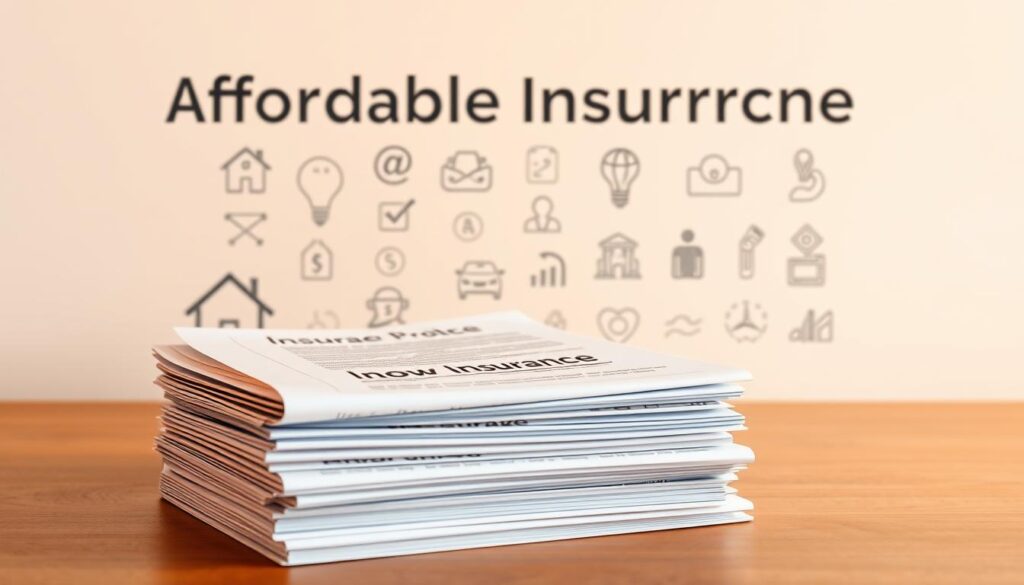 A modern and minimalist illustration of affordable insurance options. In the foreground, a stack of diverse insurance policy documents - home, auto, life, and health - showcasing the range of products. The middle ground features stylized icons and graphics representing coverage, protection, and financial security. The background has a clean, gradient backdrop with subtle patterns, conveying a sense of reliability and accessibility. Warm, muted tones create a professional, trustworthy atmosphere. Captured with a wide-angle lens to emphasize the comprehensive nature of the insurance solutions.