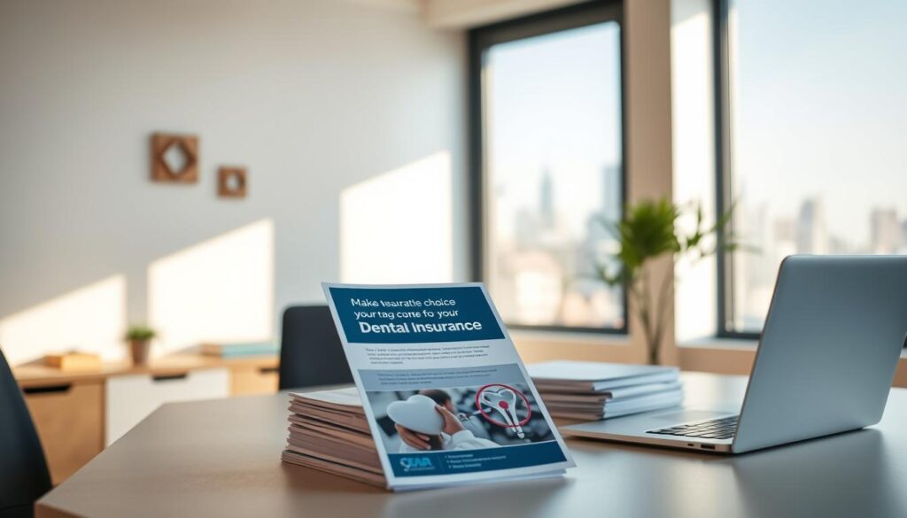 A modern and minimalist office setting with a simple, clean aesthetic. In the foreground, a desk with a laptop, stacks of documents, and a dental insurance brochure prominently displayed. Behind it, a large window with a pleasant view of a city skyline, bathed in warm, natural lighting that filters through. In the background, a neutral-toned wall with a few simple, geometric wall decor pieces. The overall mood is one of thoughtful contemplation and informed decision-making, with the dental insurance brochure as the focal point, guiding the viewer towards making a wise and practical choice for their dental coverage.