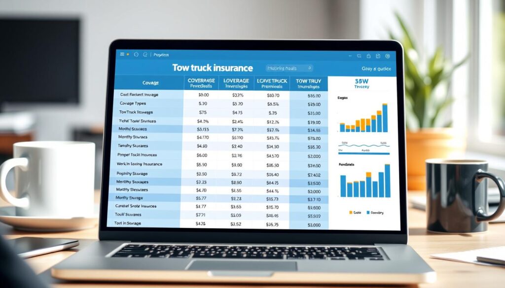A modern, clean-looking spreadsheet interface displaying a side-by-side comparison of different tow truck insurance quotes. The foreground shows a table with key details like coverage types, deductibles, and monthly premiums from several prominent insurance providers. The middle ground features intuitive visualization tools like graphs and charts to help analyze the data. The background has a soft, blurred office setting with a laptop, coffee mug, and other work accessories to set the professional tone. Bright, natural lighting casts an airy, productive atmosphere, while the camera angle provides an ergonomic, user-friendly perspective.