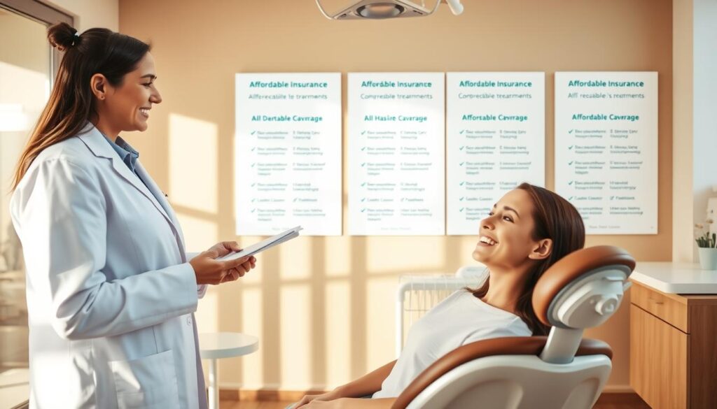 A modern dental clinic with a bright, welcoming interior. In the foreground, a smiling patient sitting in a dentist's chair, receiving a routine checkup. The dentist, wearing a crisp white coat, stands beside them, explaining affordable insurance options. In the background, a wall display showcases various dental coverage plans, ranging from basic cleanings to comprehensive treatments, all with reasonable premiums. Warm, natural lighting floods the space, creating a sense of comfort and professionalism. The overall scene conveys the importance of accessible, cost-effective dental care, tailored to the patient's needs.