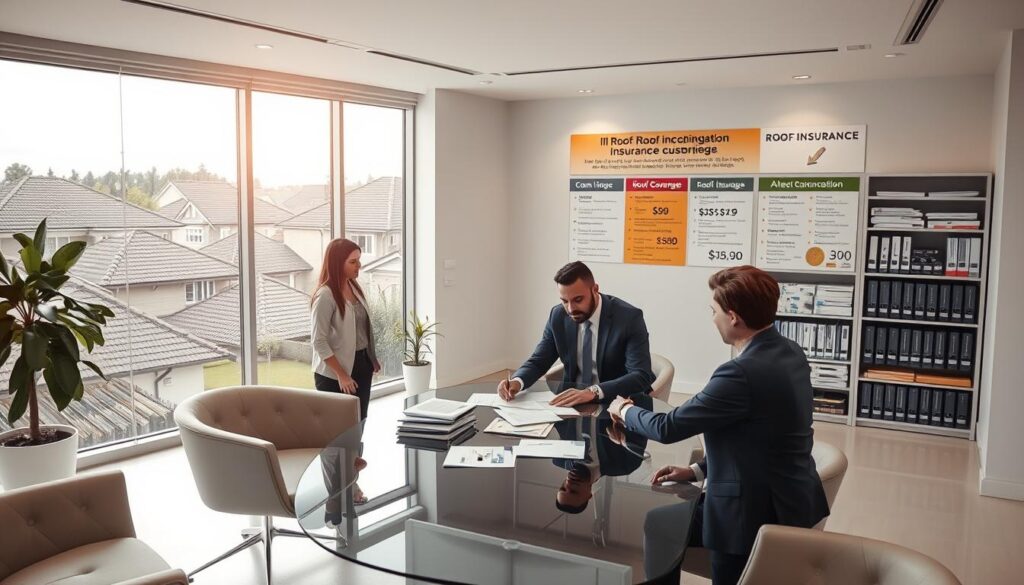 A modern, minimalist office interior with warm lighting and sleek furniture. In the foreground, a team of professional insurance agents in suits, discussing policies and documents on a glass conference table. In the middle ground, a large window offers a view of a suburban neighborhood with neatly tiled roofs. In the background, shelves of organized files and a wall-mounted display showcasing various roof coverage options and pricing. The overall atmosphere conveys expertise, reliability, and a customer-centric approach to roof insurance services.